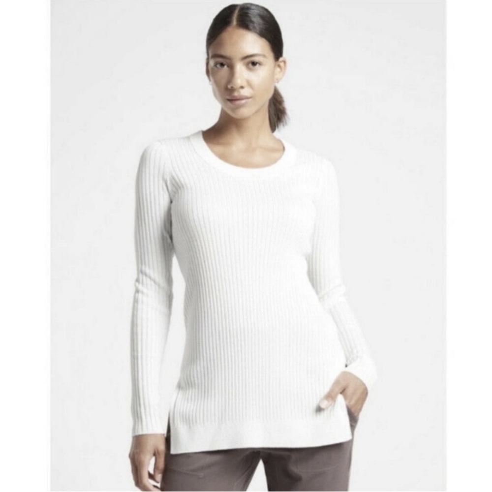 Athleta Lincoln Park Ribbed Sweater Split Hem Dove White Size Large